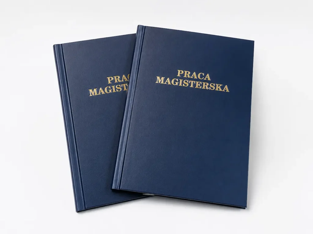 Granatowa oprawa pracy magisterskiej ze złotym napisem - druk prac dyplomowych online